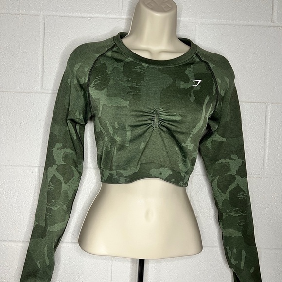 Gymshark Adapt Camo Seamless Long Sleeve Crop Top - Savanna | Green XS - Picture 3 of 5
